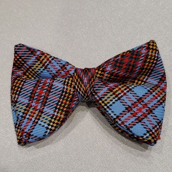 Wembley Vintage Oversize Double Polyester Bow Tie Blue Red Plaid RockaBilly 1123 - Picture 1 of 8